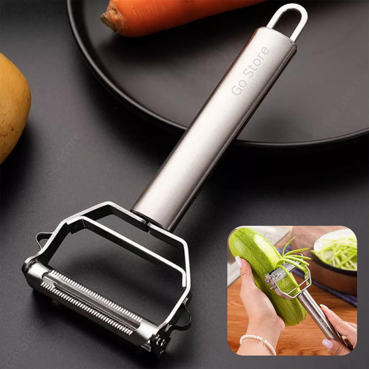 2-in-1 Multi-Functional Dual-Action Stainless Steel Peeler for Vegetables & Fruits | Potato, Carrot & Cucumber Cutter | Salad Slicer with Julienne & Serrated Blades | Silver